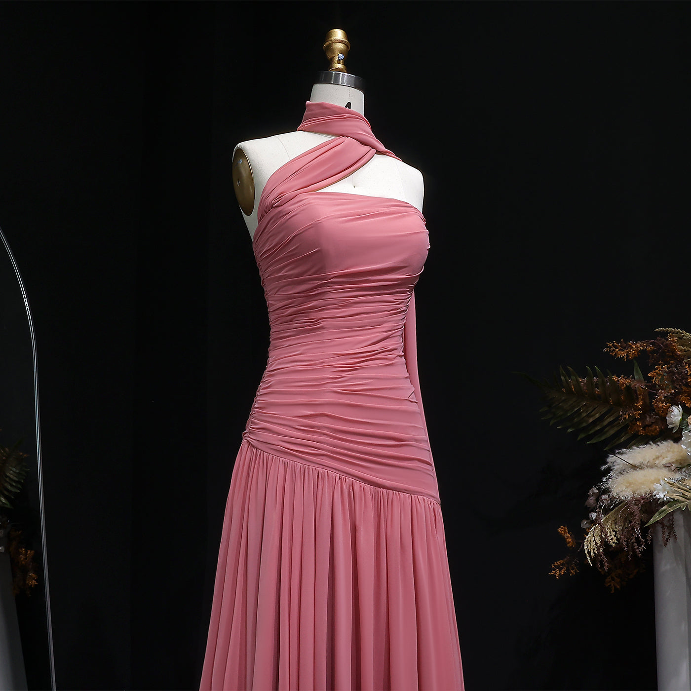 Elegant Strapless Pink Evening Dress with Cape SF482