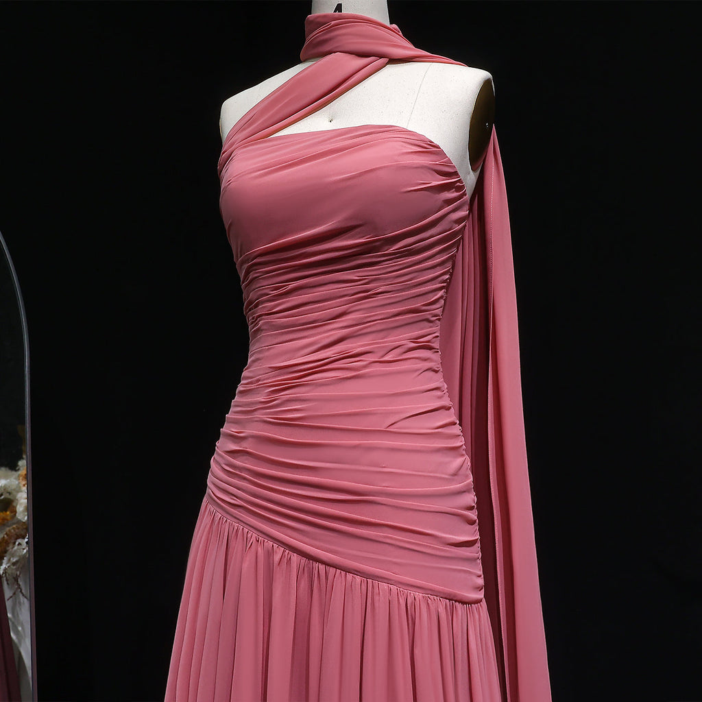 Elegant Strapless Pink Evening Dress with Cape SF482