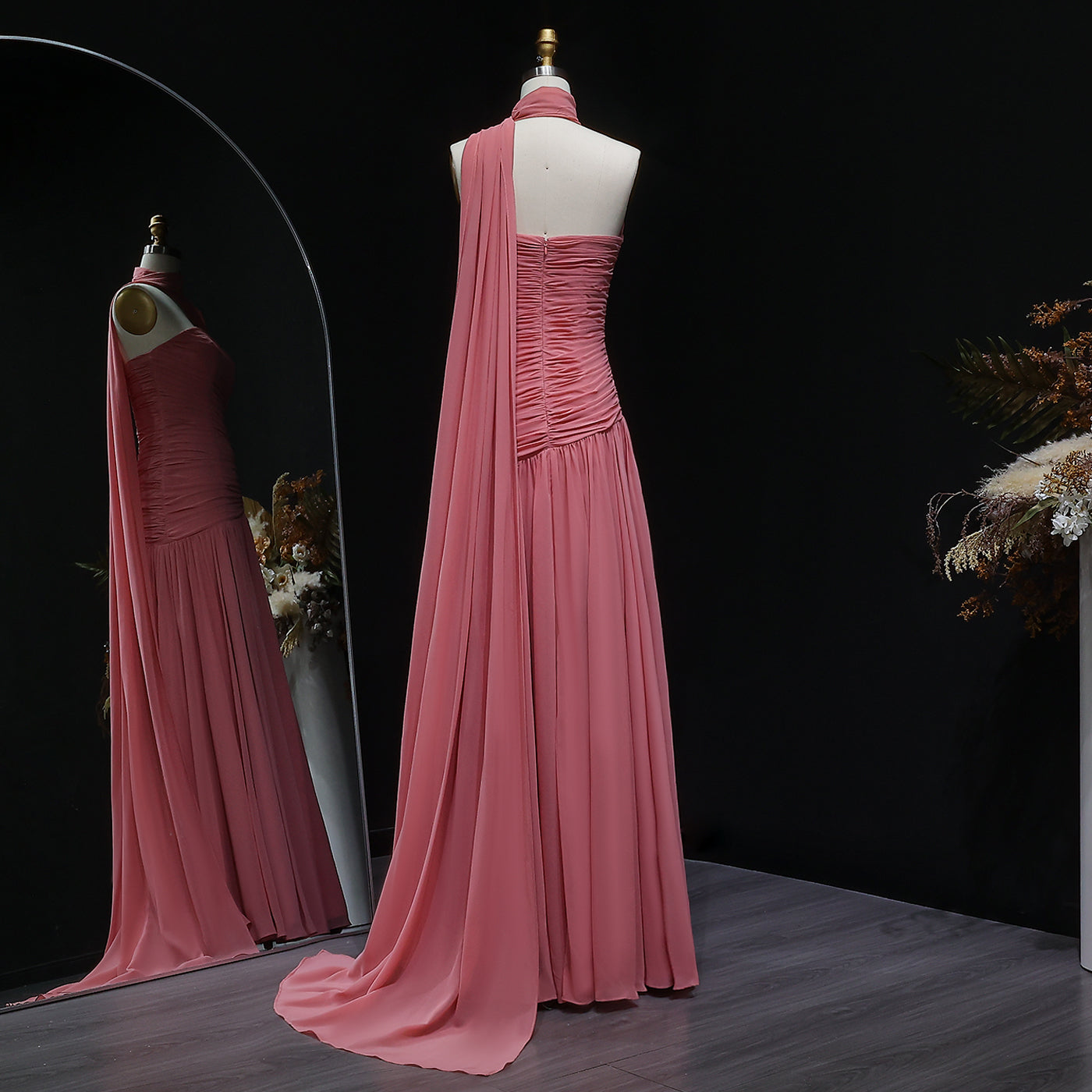 Elegant Strapless Pink Evening Dress with Cape SF482