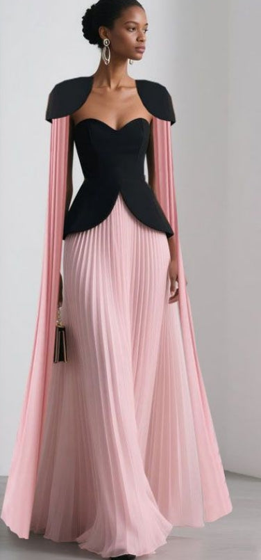 Trendy Black-Pink Paneled Pleated Evening Dress with Flowing Sleeves SF590