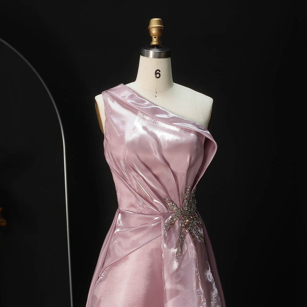 Romantic Pink One-Shoulder Beaded Mermaid Evening Dress with Overskirt SF503