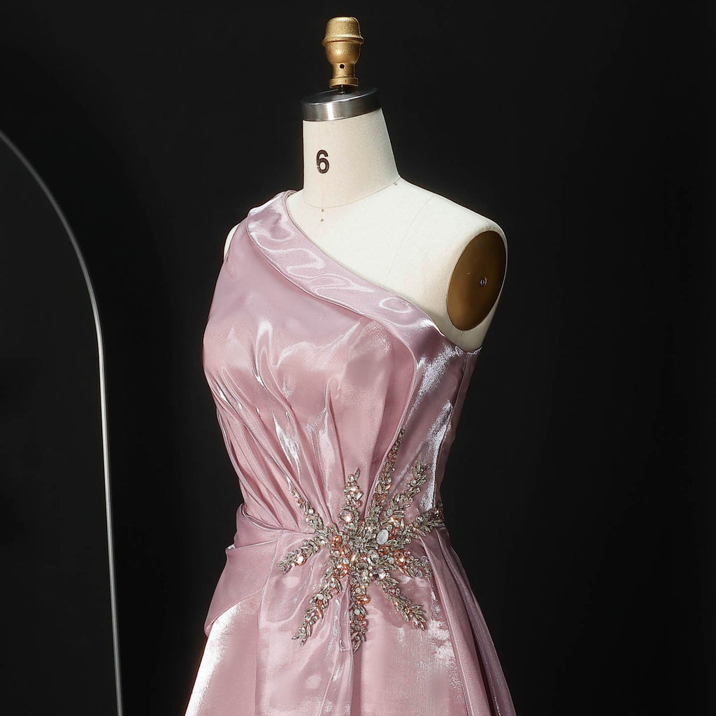 Romantic Pink One-Shoulder Beaded Mermaid Evening Dress with Overskirt SF503