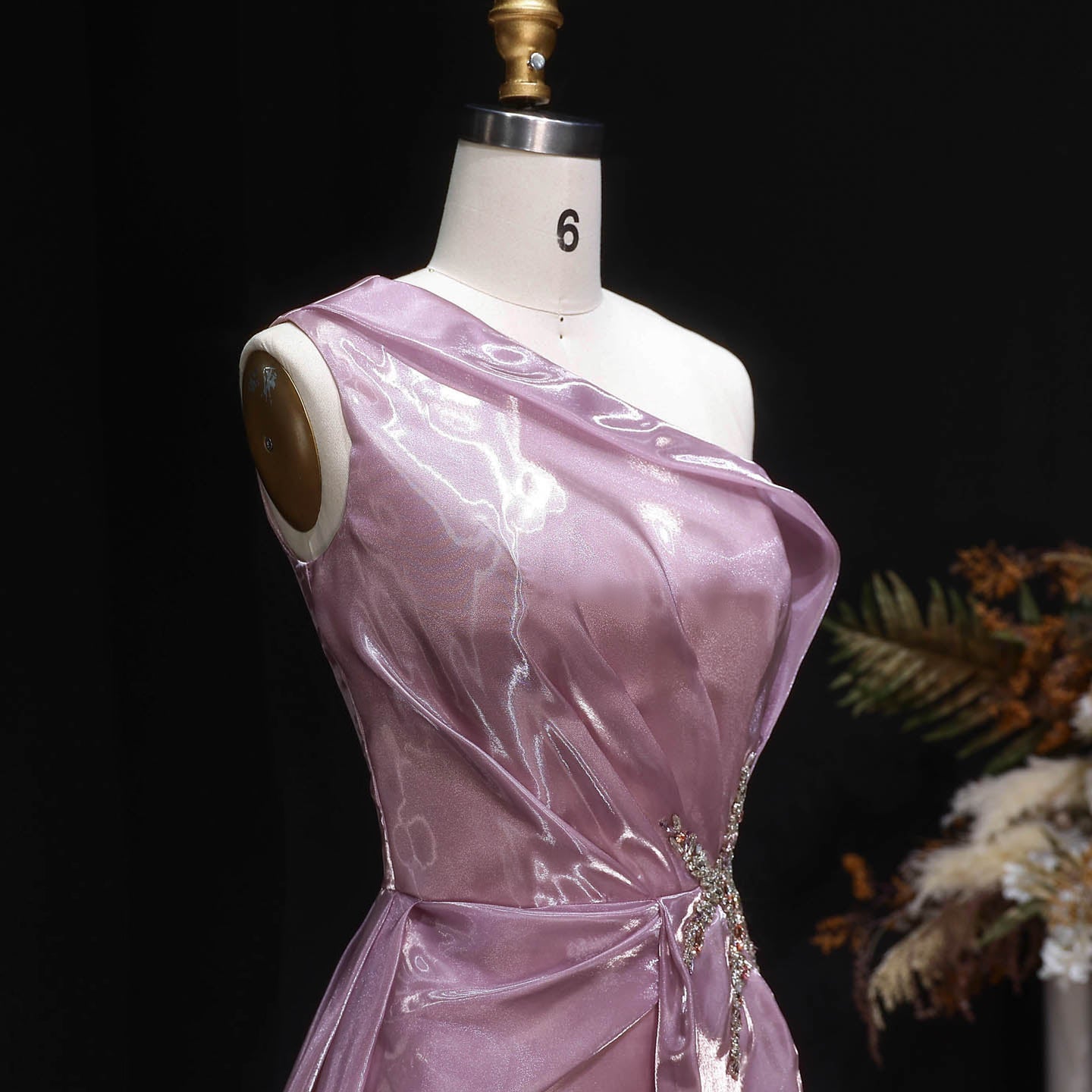 Romantic Pink One-Shoulder Beaded Mermaid Evening Dress with Overskirt SF503