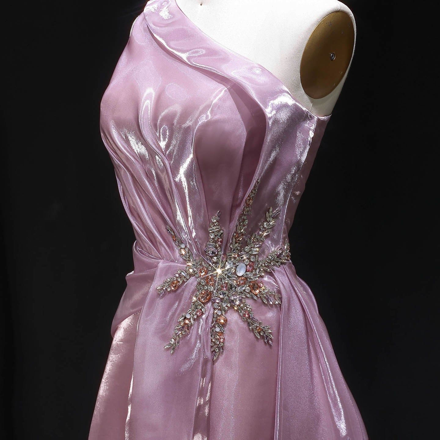 Romantic Pink One-Shoulder Beaded Mermaid Evening Dress with Overskirt SF503