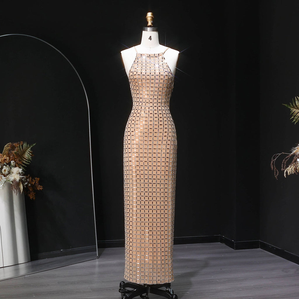 Luxury Champagne Crystal Halter Neck Sheath Evening Dress SF505