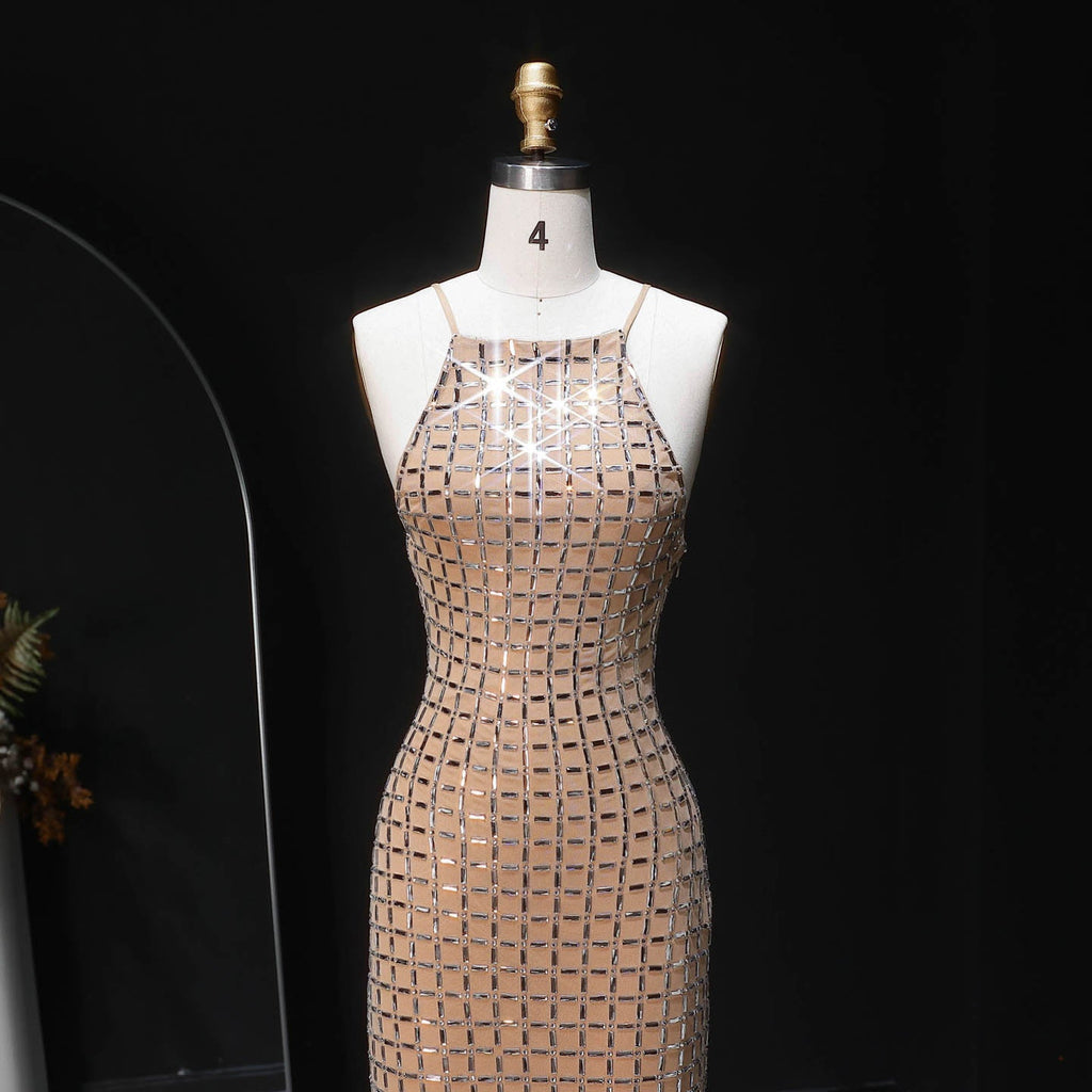 Luxury Champagne Crystal Halter Neck Sheath Evening Dress SF505