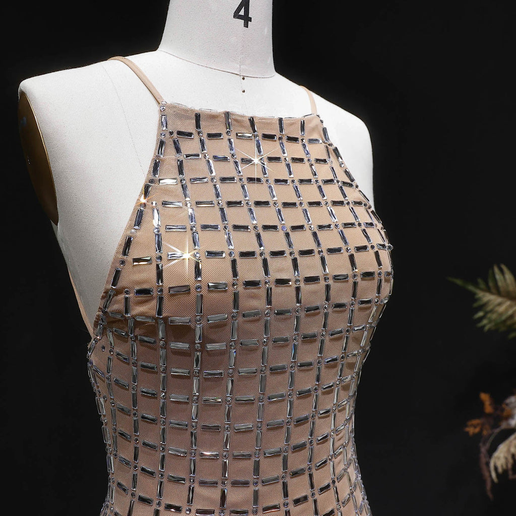 Luxury Champagne Crystal Halter Neck Sheath Evening Dress SF505