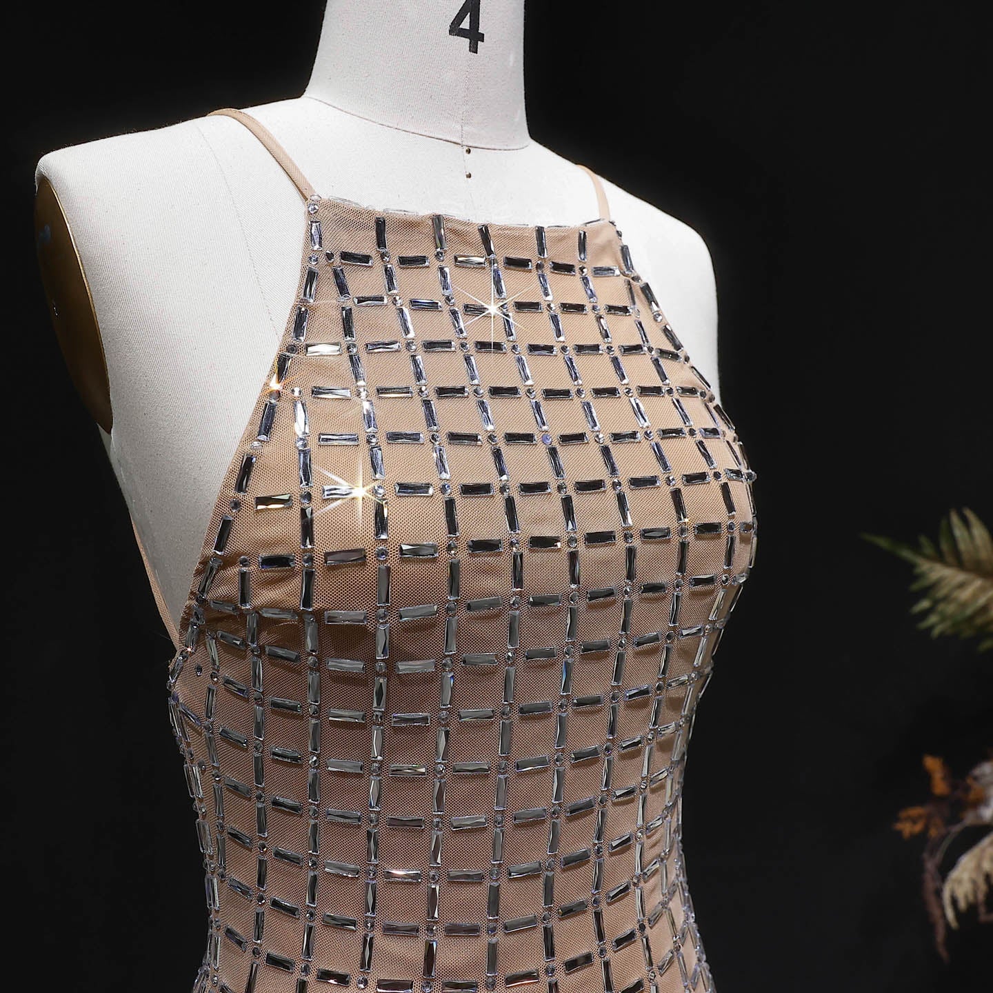 Luxury Champagne Crystal Halter Neck Sheath Evening Dress SF505