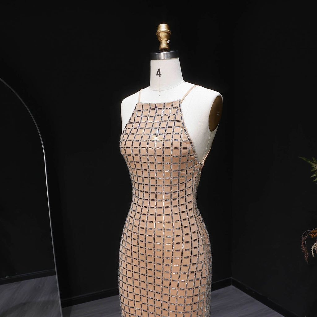 Luxury Champagne Crystal Halter Neck Sheath Evening Dress SF505
