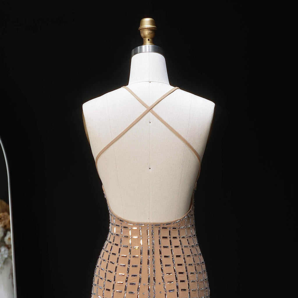 Luxury Champagne Crystal Halter Neck Sheath Evening Dress SF505
