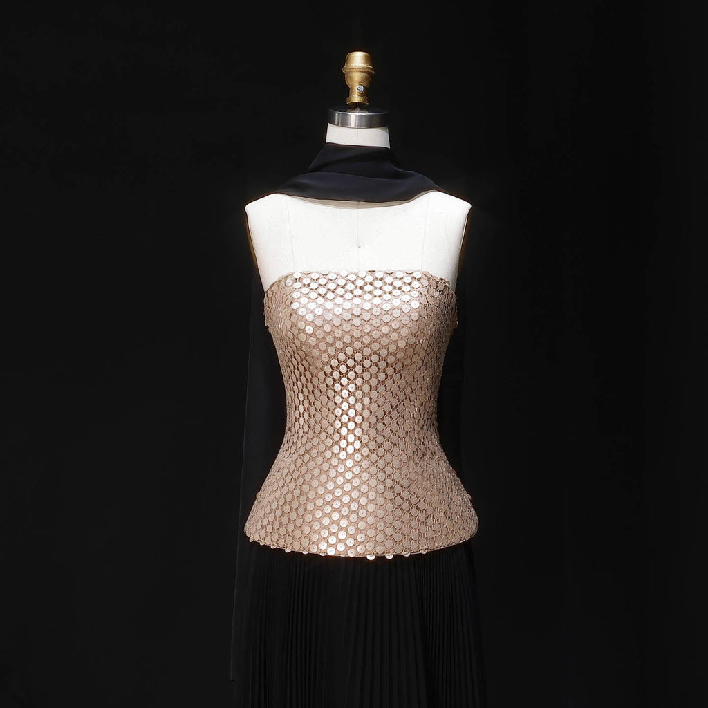 Elegant Black Champagne Strapless Pleated Chiffon Evening Dress with Scarf SF506