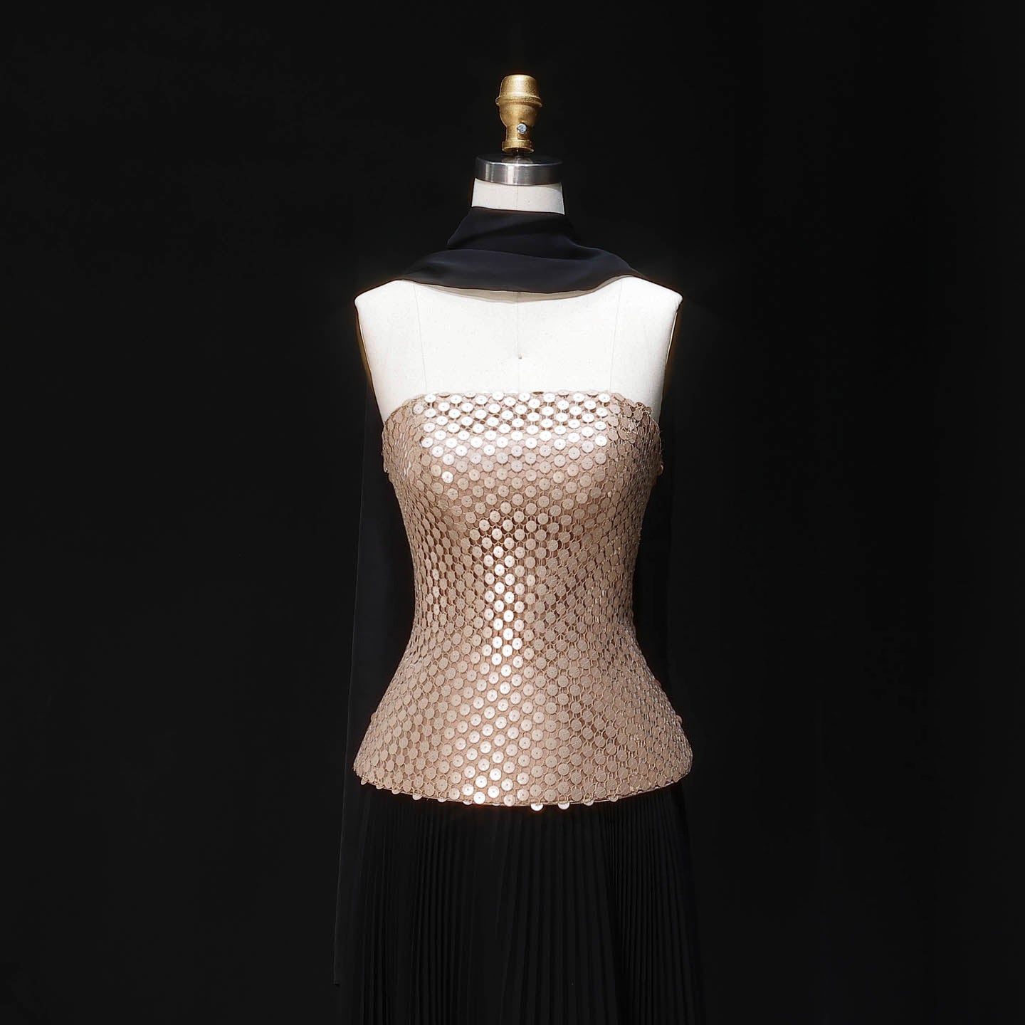 Elegant Black Champagne Strapless Pleated Chiffon Evening Dress with Scarf SF506