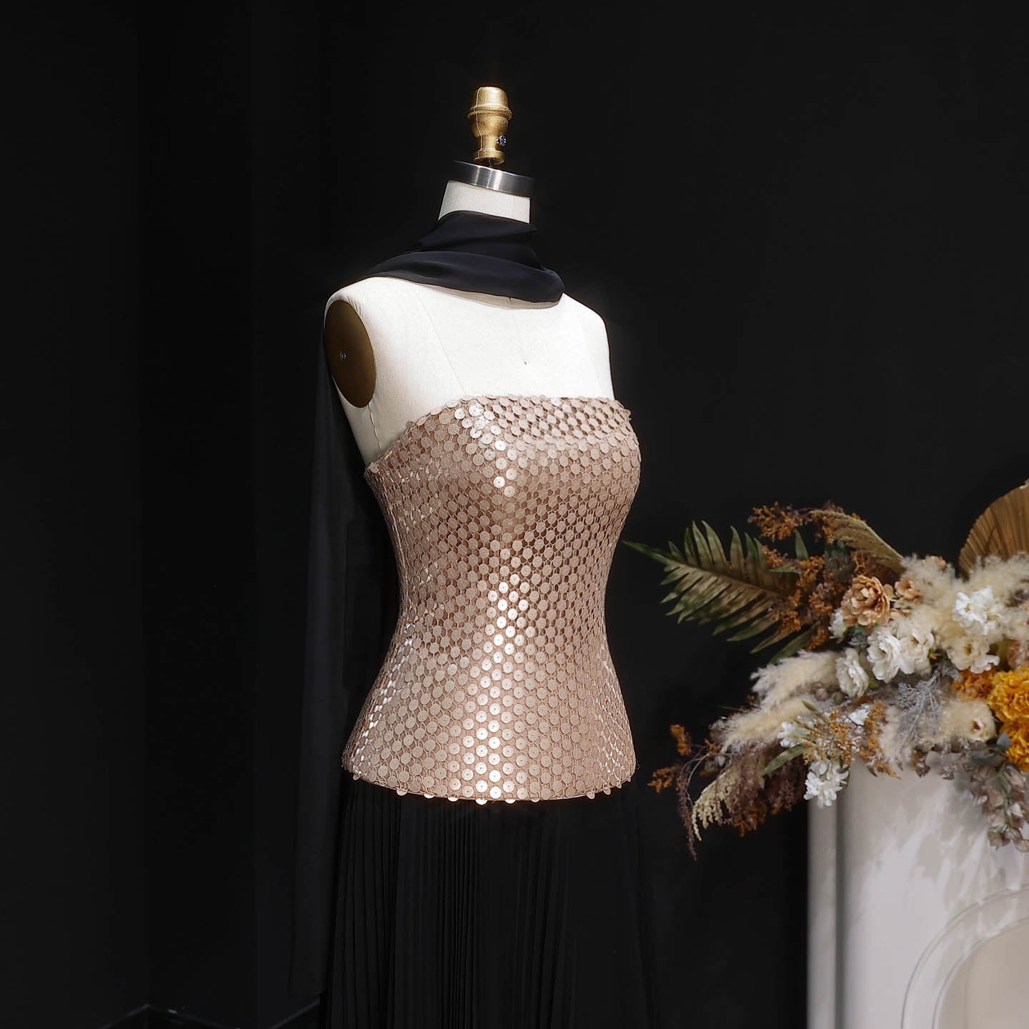 Elegant Black Champagne Strapless Pleated Chiffon Evening Dress with Scarf SF506
