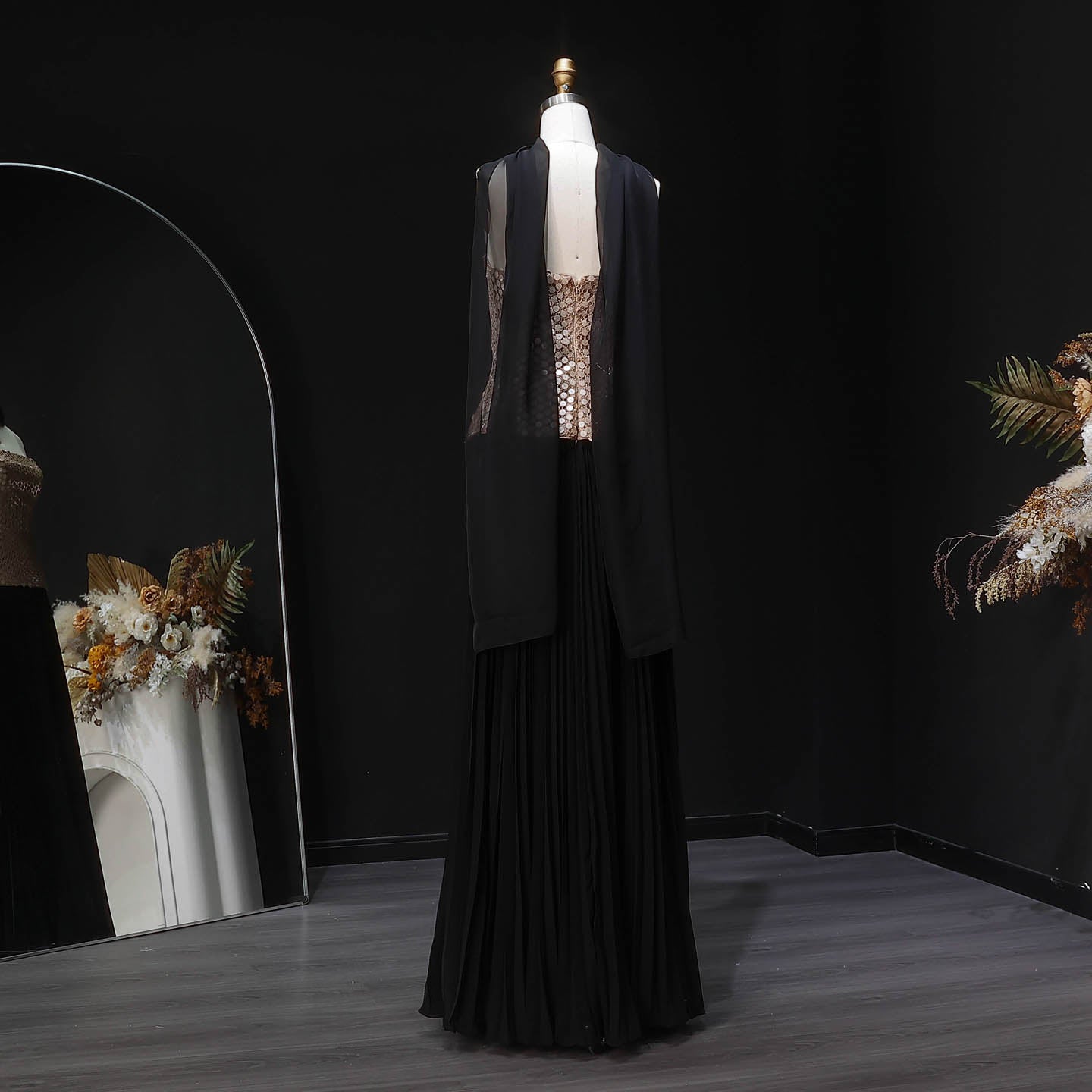 Elegant Black Champagne Strapless Pleated Chiffon Evening Dress with Scarf SF506