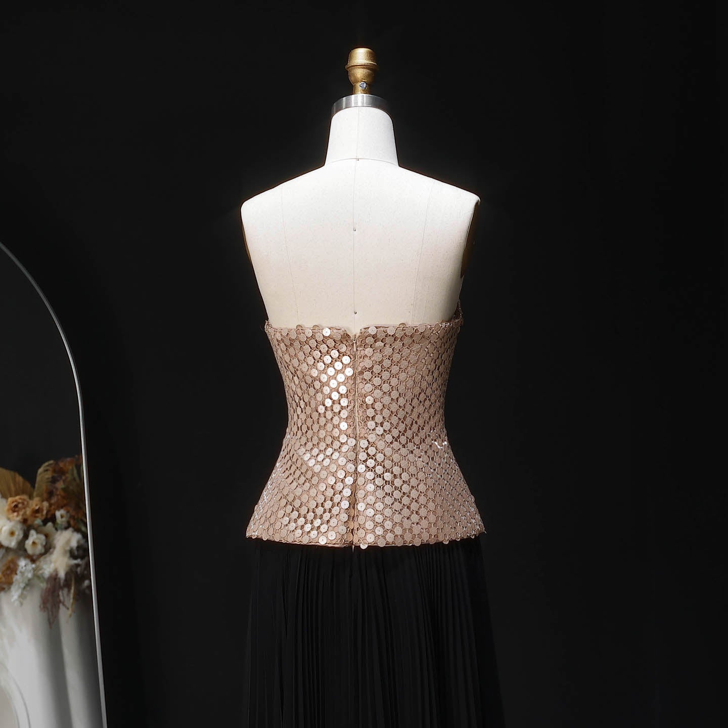 Elegant Black Champagne Strapless Pleated Chiffon Evening Dress with Scarf SF506