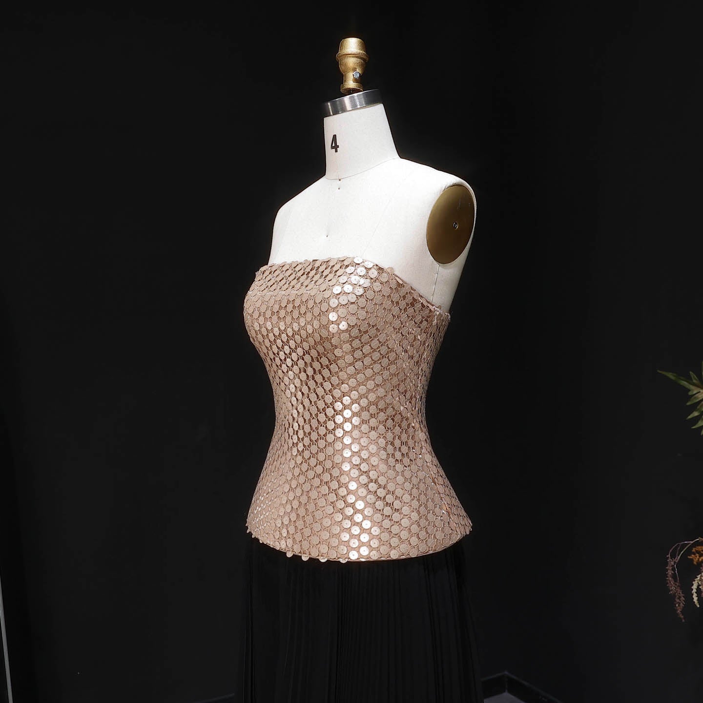 Elegant Black Champagne Strapless Pleated Chiffon Evening Dress with Scarf SF506