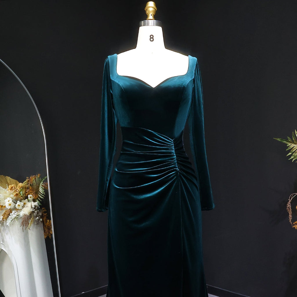 Trendy Green Velvet Long-Sleeve Evening Dress with Gloves SF507