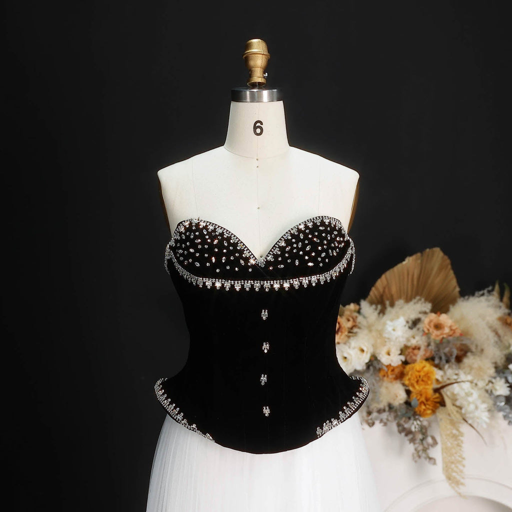 Glamorous Black White Strapless Beaded Corset High Slit Evening Dress SF508