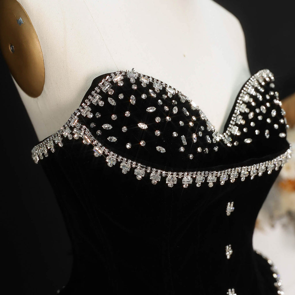 Glamorous Black White Strapless Beaded Corset High Slit Evening Dress SF508