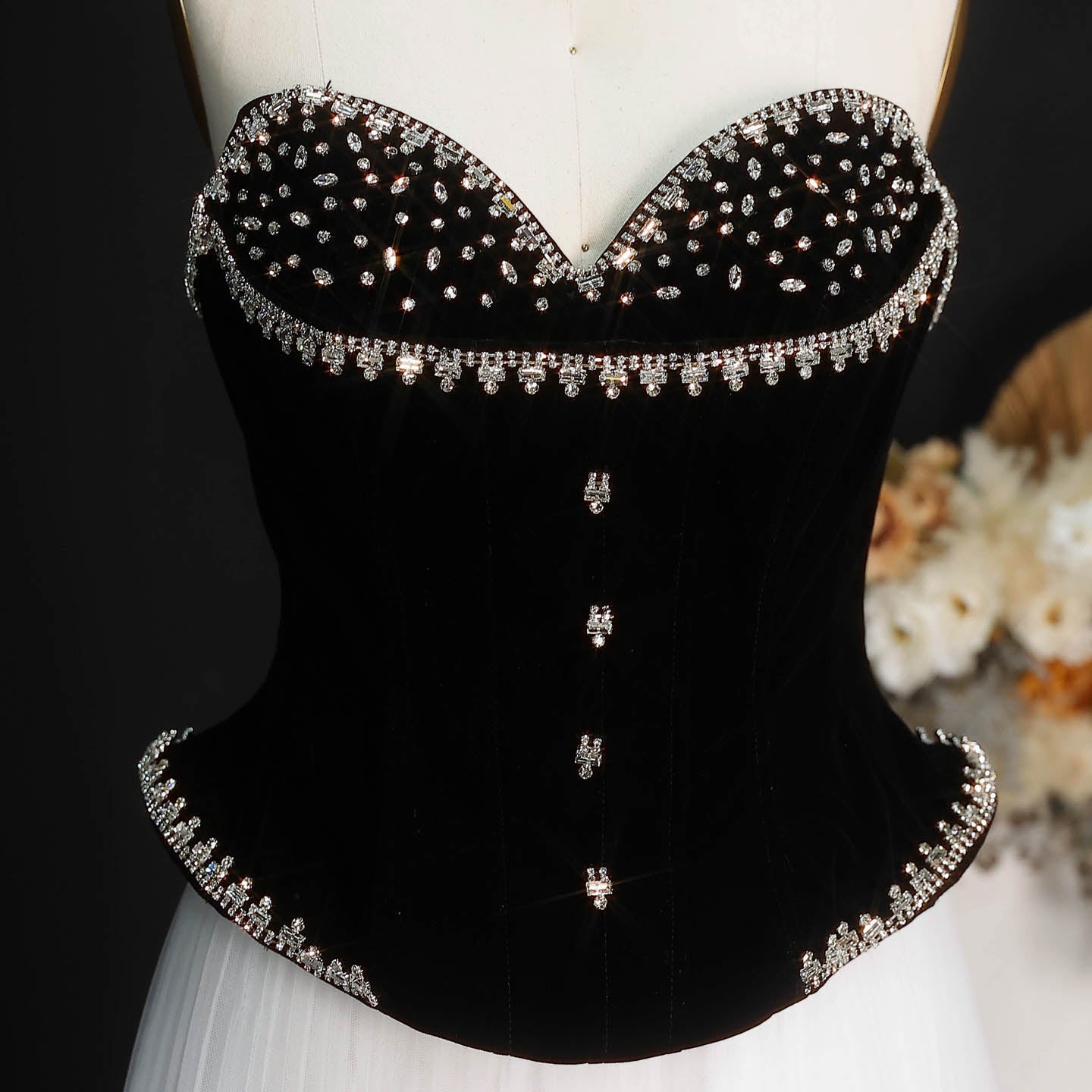Glamorous Black White Strapless Beaded Corset High Slit Evening Dress SF508