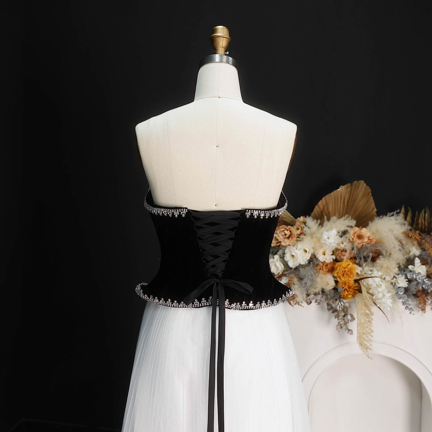 Glamorous Black White Strapless Beaded Corset High Slit Evening Dress SF508