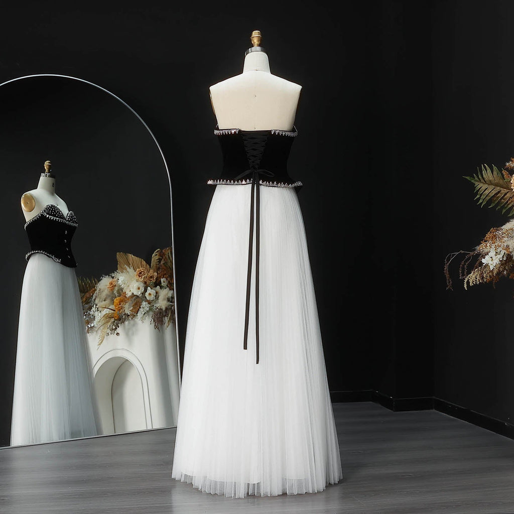 Glamorous Black White Strapless Beaded Corset High Slit Evening Dress SF508