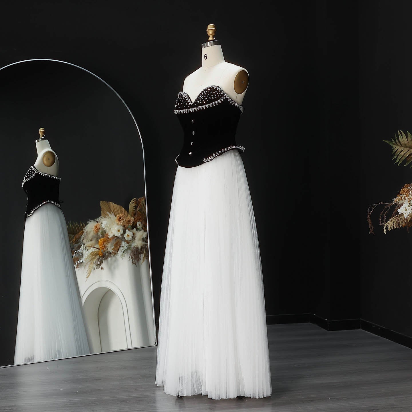 Glamorous Black White Strapless Beaded Corset High Slit Evening Dress SF508