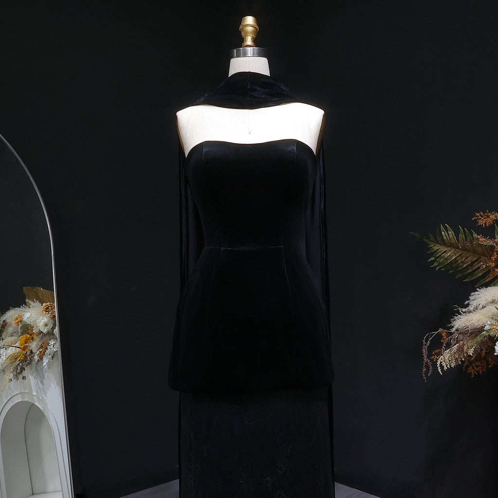 Elegant Black Strapless Velvet Evening Dress with Scarf SF527