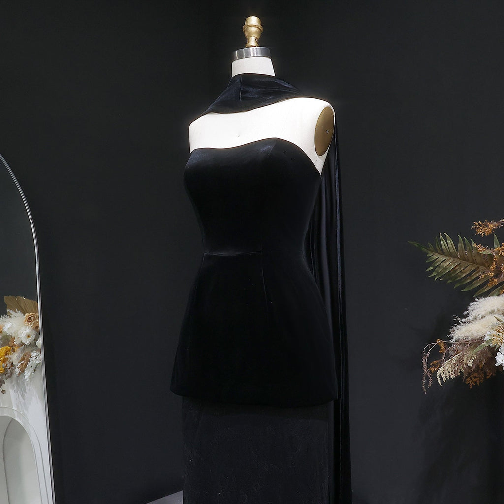 Elegant Black Strapless Velvet Evening Dress with Scarf SF527