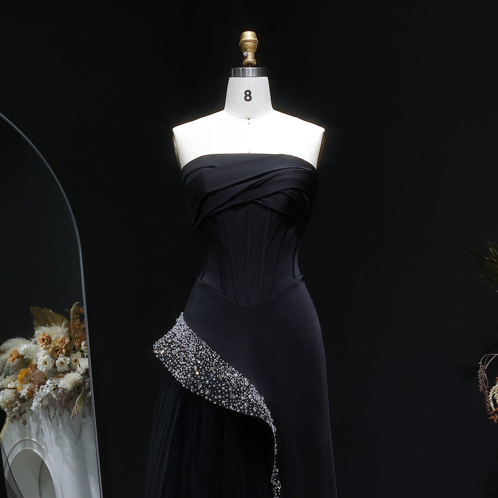 Stunning Strapless Black Crystal Mermaid Evening Dress SF582