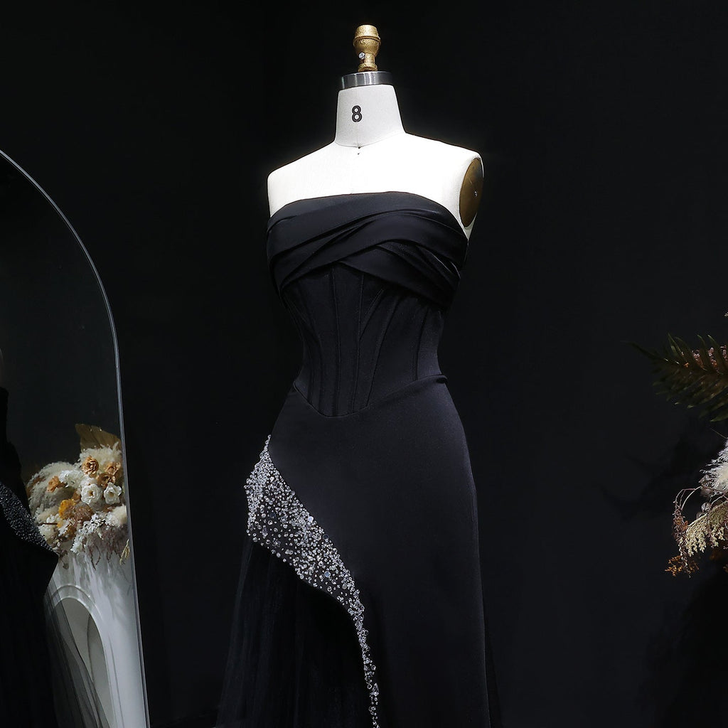 Stunning Strapless Black Crystal Mermaid Evening Dress SF582