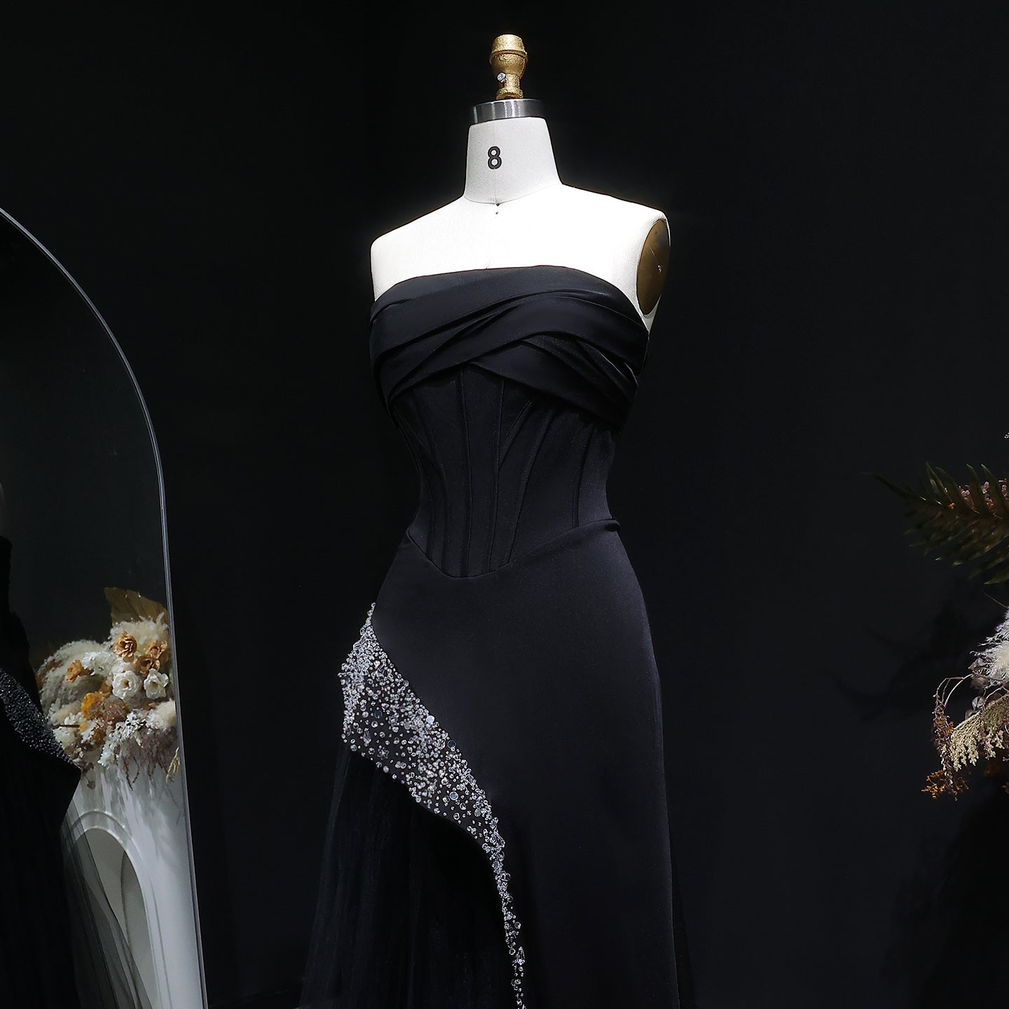 Stunning Strapless Black Crystal Mermaid Evening Dress SF582