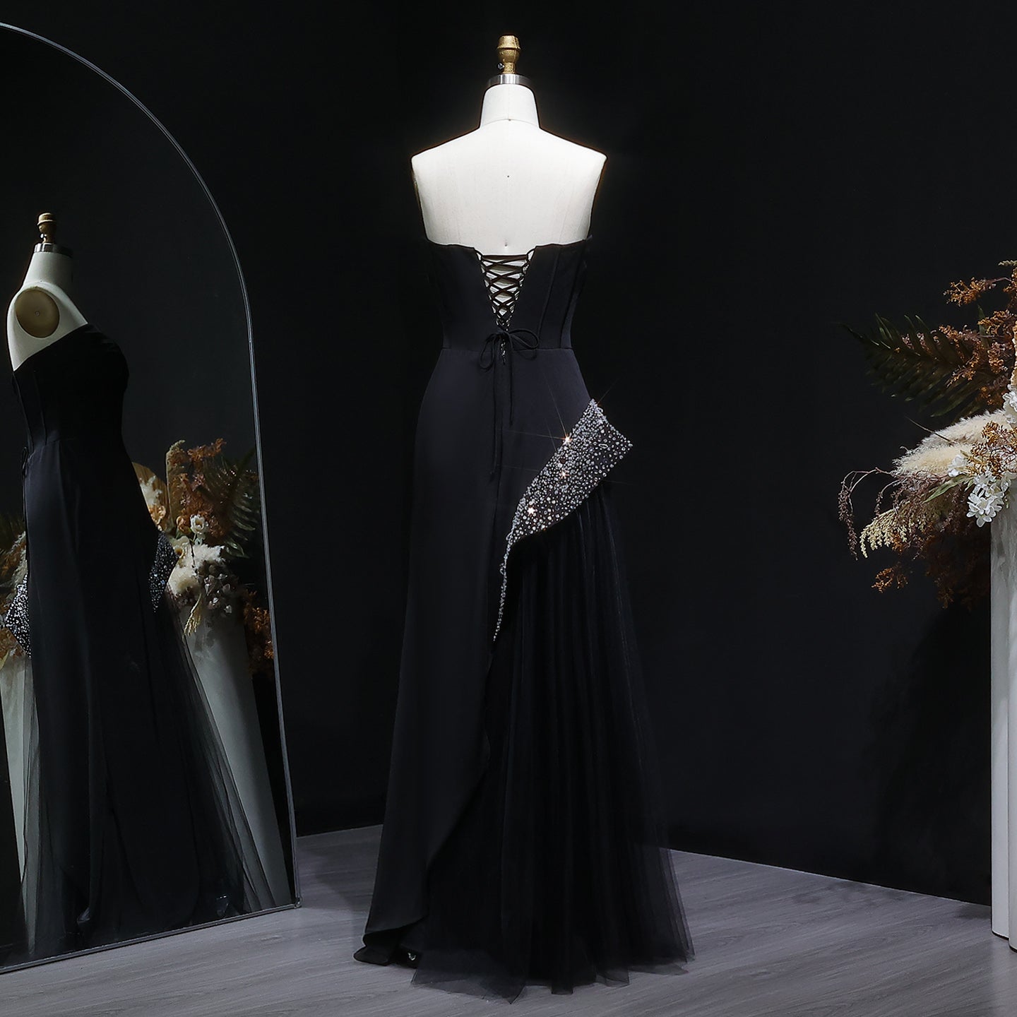 Stunning Strapless Black Crystal Mermaid Evening Dress SF582