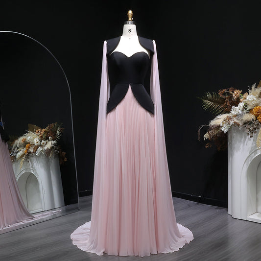 Trendy Black-Pink Paneled Pleated Evening Dress with Flowing Sleeves SF590