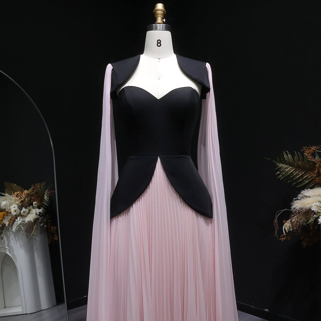Trendy Black-Pink Paneled Pleated Evening Dress with Flowing Sleeves SF590