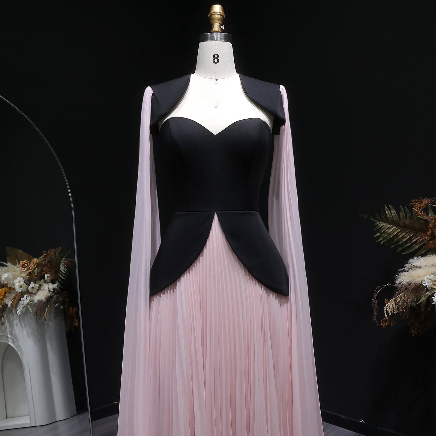 Trendy Black-Pink Paneled Pleated Evening Dress with Flowing Sleeves SF590