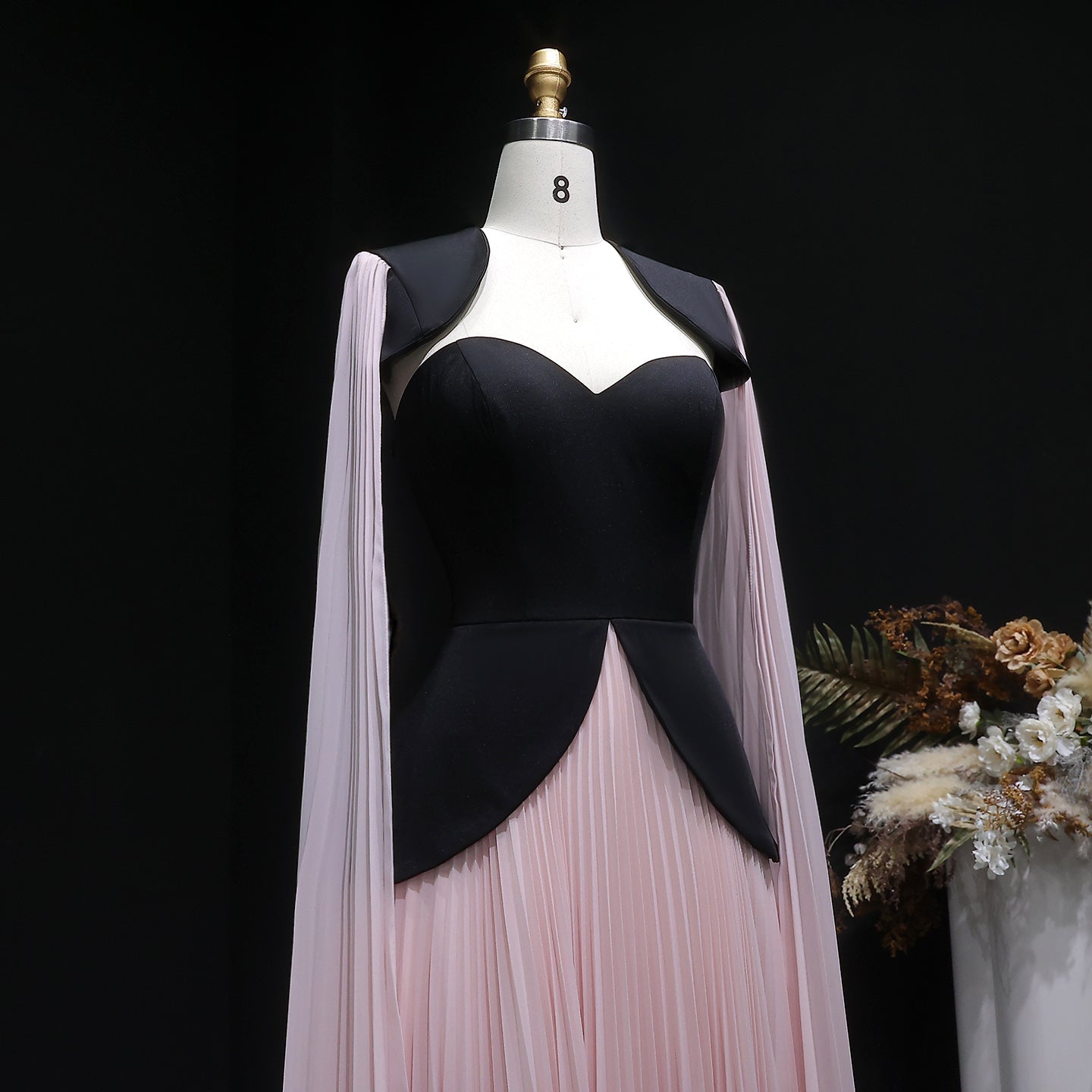 Trendy Black-Pink Paneled Pleated Evening Dress with Flowing Sleeves SF590