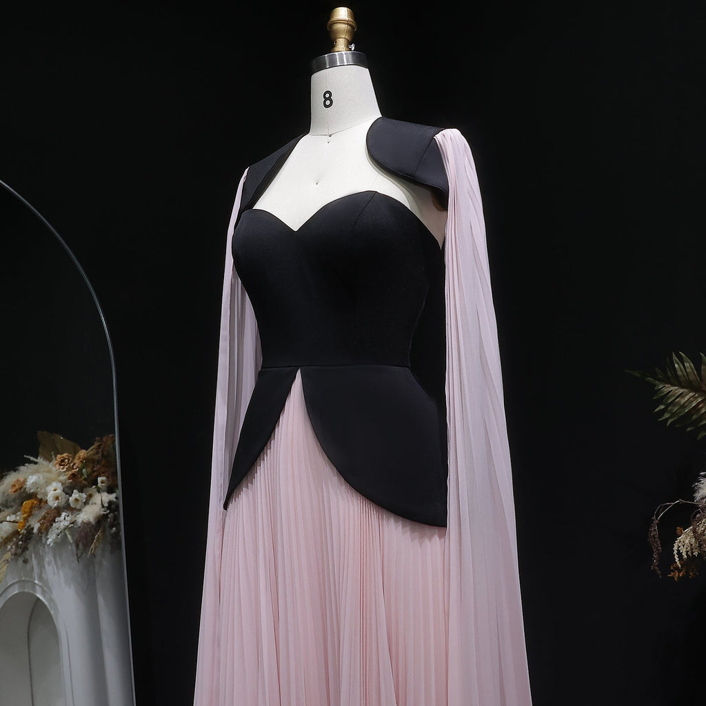 Trendy Black-Pink Paneled Pleated Evening Dress with Flowing Sleeves SF590