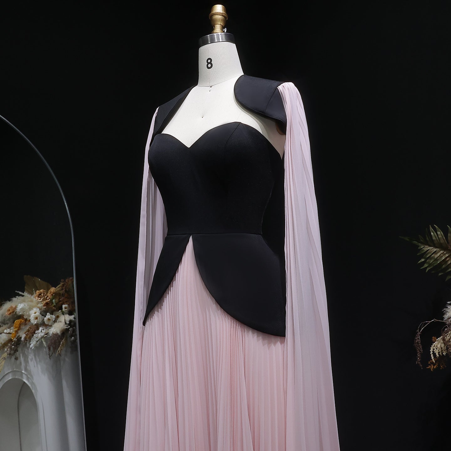 Trendy Black-Pink Paneled Pleated Evening Dress with Flowing Sleeves SF590