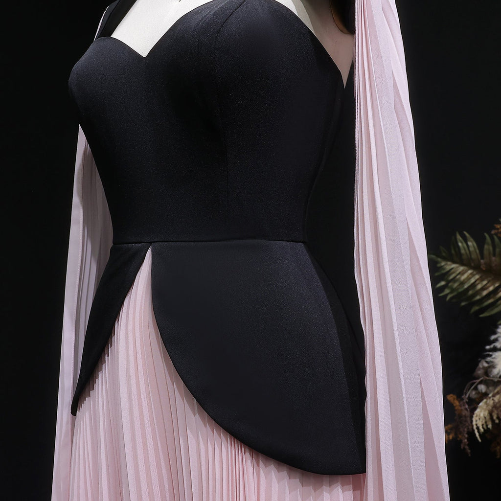Trendy Black-Pink Paneled Pleated Evening Dress with Flowing Sleeves SF590