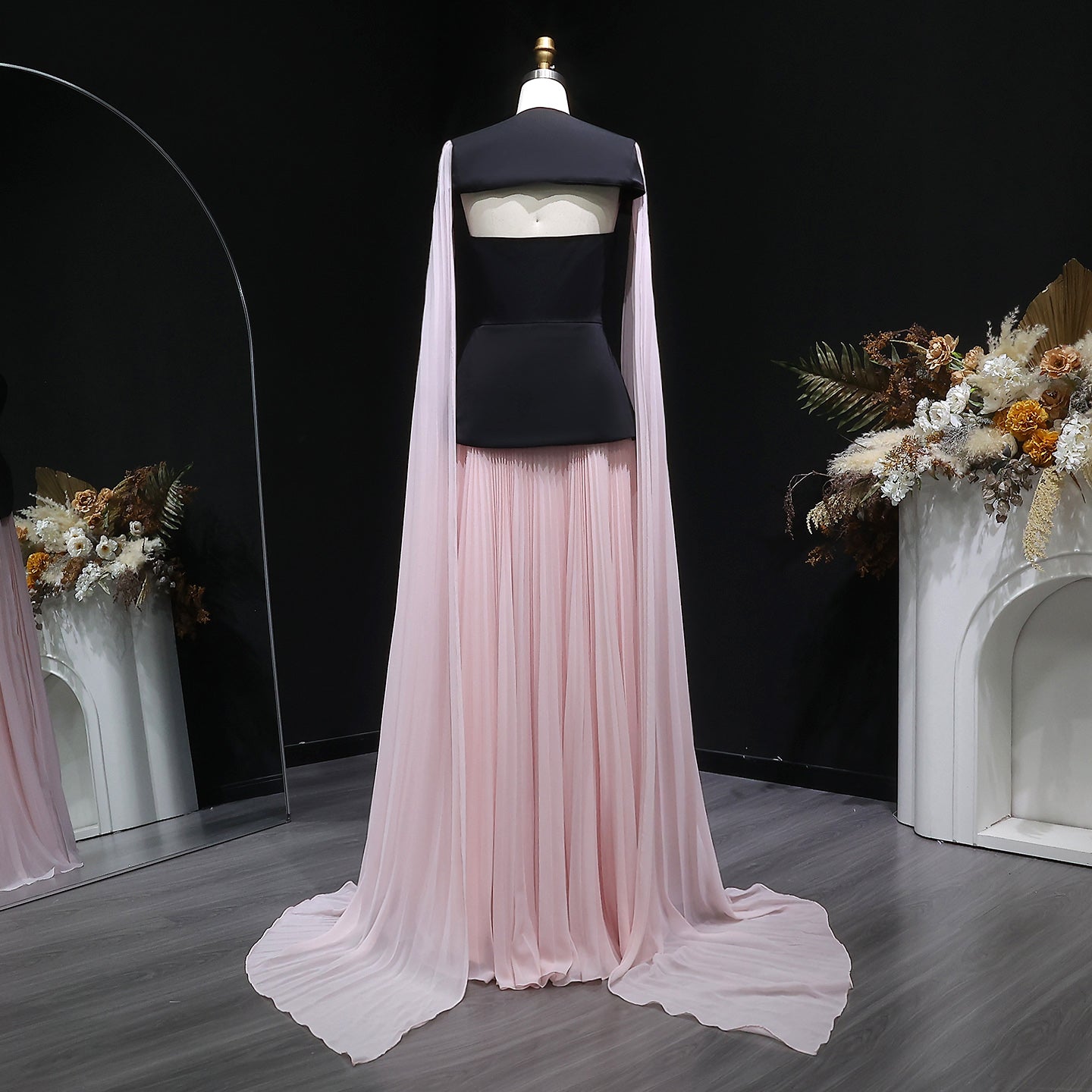 Trendy Black-Pink Paneled Pleated Evening Dress with Flowing Sleeves SF590