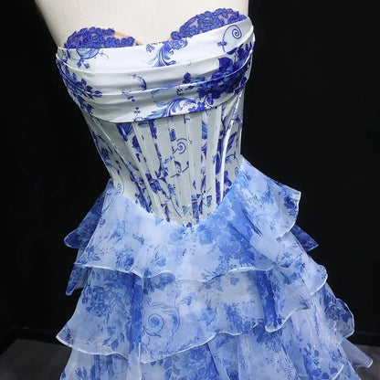Luxury Blue Floral Strapless High-Slit Tiered Prom Dress SH361