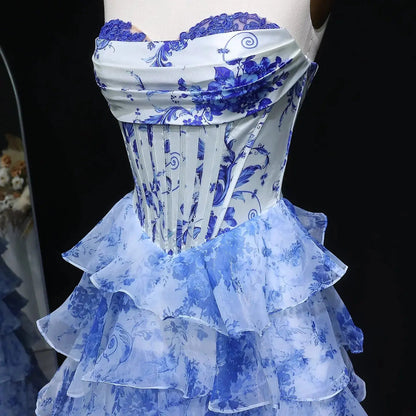 Luxury Blue Floral Strapless High-Slit Tiered Prom Dress SH361