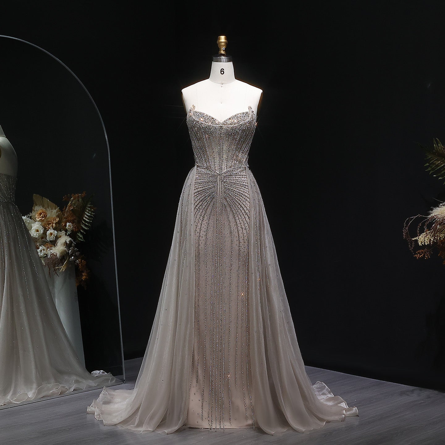 Luxury Champagne Beaded Sweetheart Evening Dress with Overskirt SS002