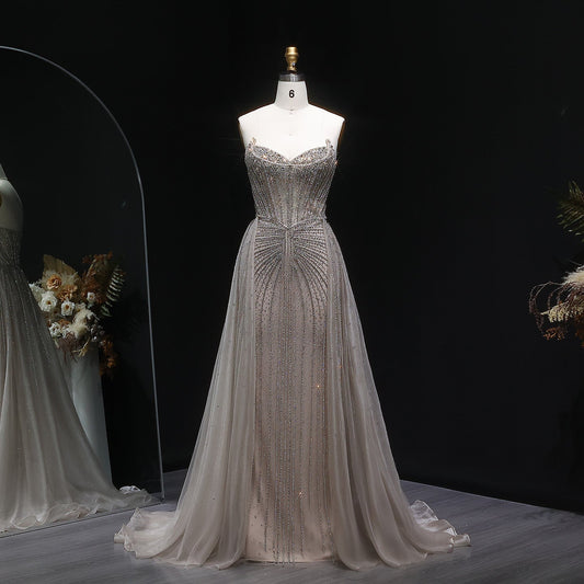 Luxury Champagne Beaded Sweetheart Evening Dress with Overskirt SS002