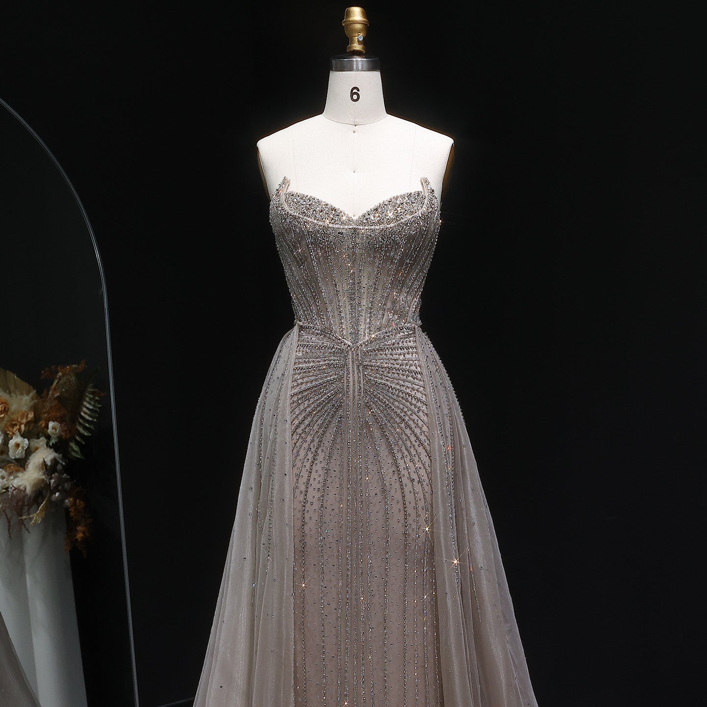 Luxury Champagne Beaded Sweetheart Evening Dress with Overskirt SS002