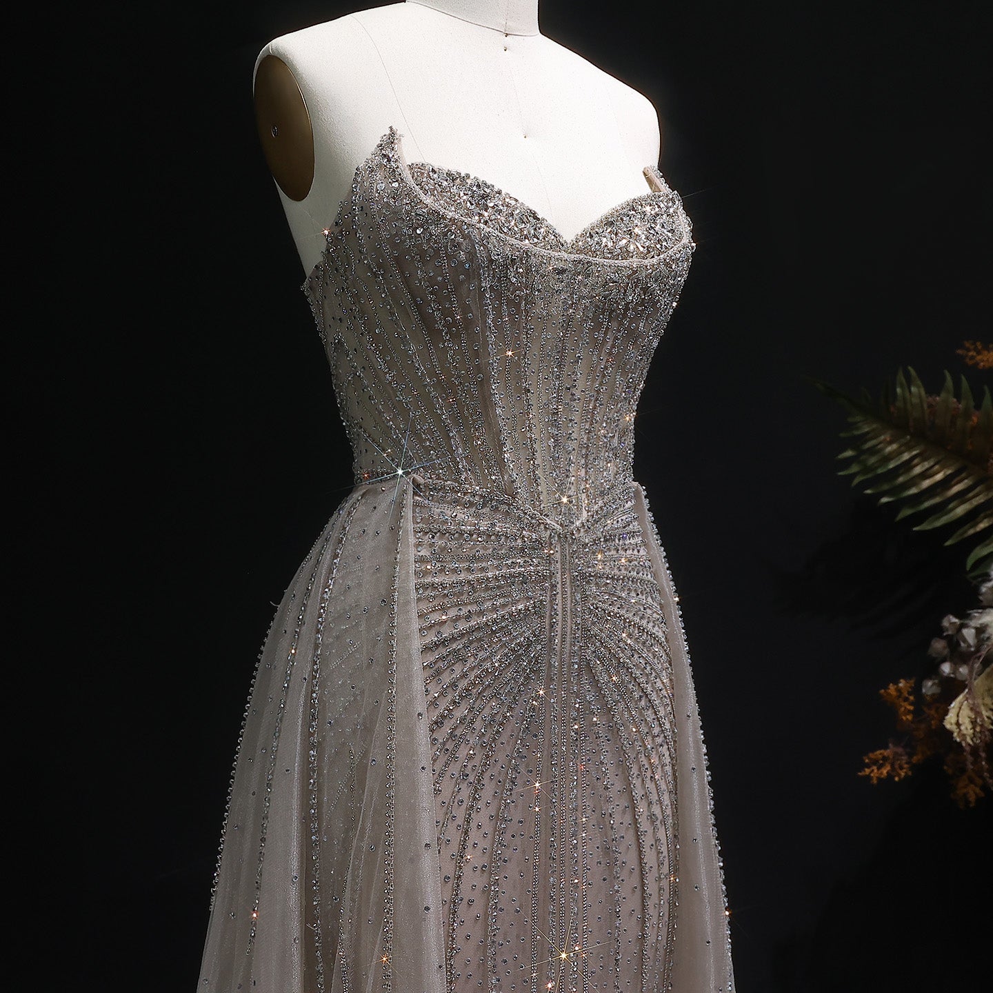 Luxury Champagne Beaded Sweetheart Evening Dress with Overskirt SS002