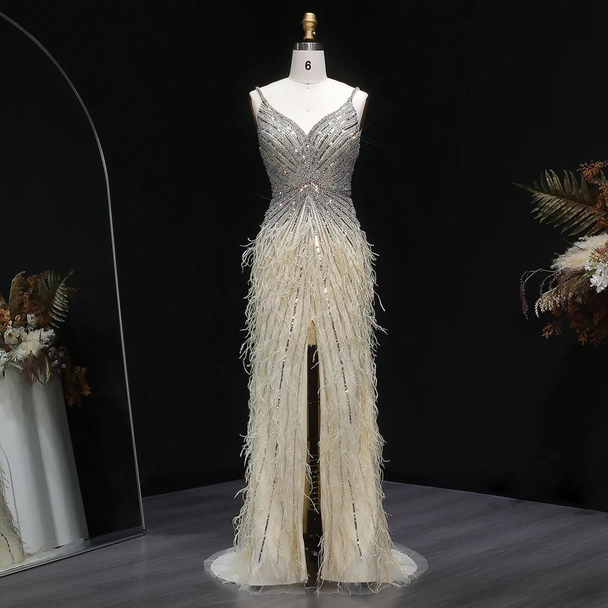 Luxury Beaded Blue Mermaid Feathers Prom Dress SS004