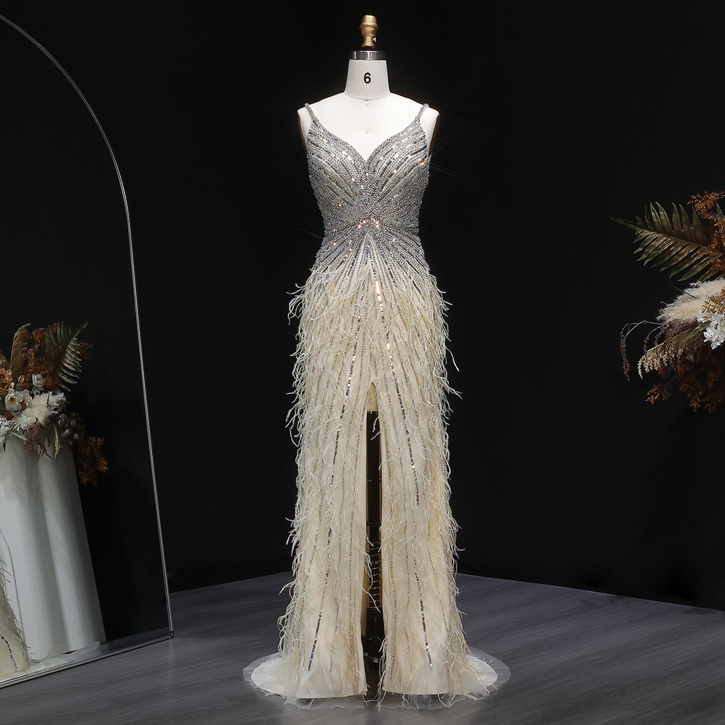 Luxury Beaded Blue Mermaid Feathers Evening Dress SS004