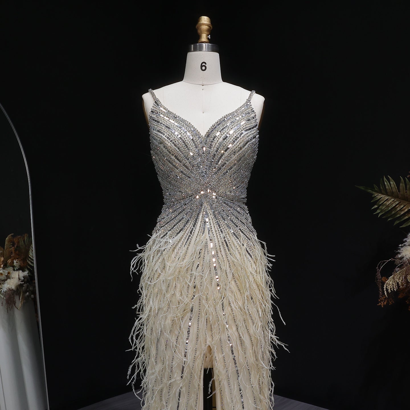 Luxury Beaded Blue Mermaid Feathers Evening Dress SS004